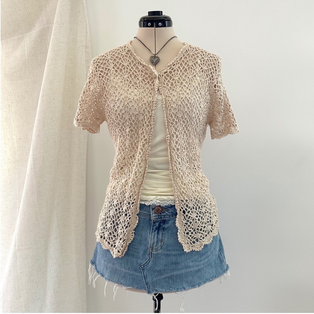Vintage Crochet Open Knit Top Small Boho Cardigan Coastal Cottagecore Beachy